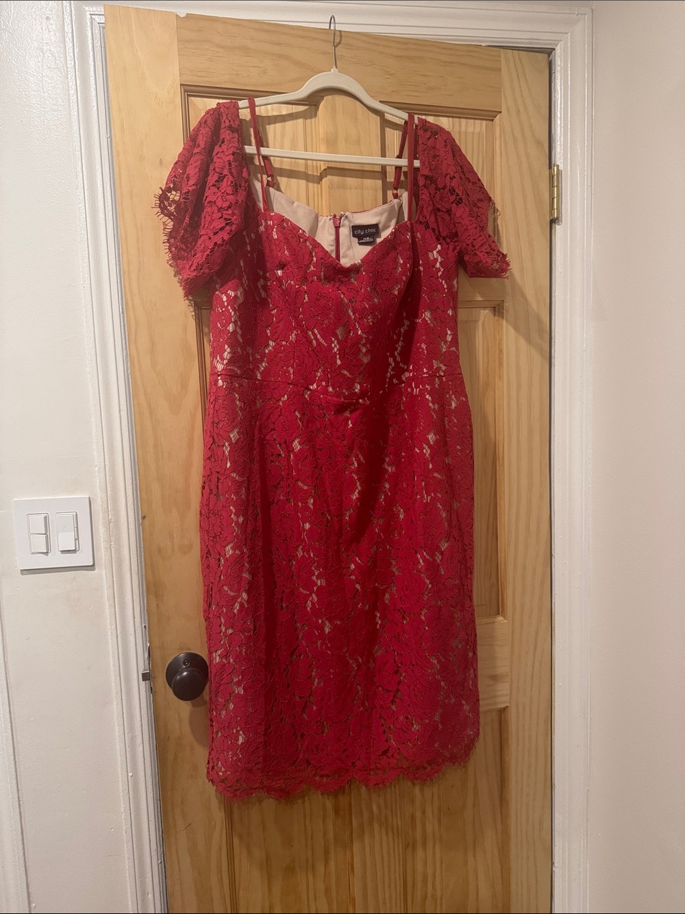 City Chic Red Lace Midi Dress with Puff Sleeves